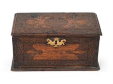 AN UNUSUAL COMMONWEALTH CARVED OAK DOCUMENT BOX, DATED 1645