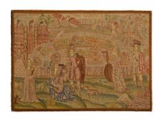 A LARGE NEEDLEWORK PICTORIAL PANEL OF COURTLY LOVE, 17TH CENTURY