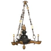 A GILT AND PATINATED THREE LIGHT ARGAND HANGING LAMP, EARLY 19TH CENTURY