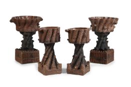 TWO PAIRS OF SALT GLAZED TERRACOTTA FAUX BOIS PLANTERS, LATE 19TH CENTURY