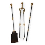 A SET OF THREE BRASS MOUNTED POLISHED STEEL FIRE TOOLS, EARLY 19TH CENTURY