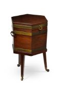 A GEORGE III MAHOGANY AND BRASS BOUND HEXAGONAL WINE COOLER ON STAND, CIRCA 1800