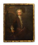 FOLLOWER OF JOHN VANDERBANK, PORTRAIT OF A GENTLEMAN, IN A BROWN COAT, CLASSICAL BUILDINGS BEYOND