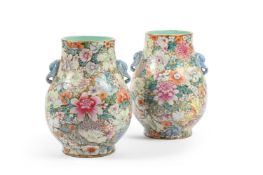 A PAIR OF CHINESE MILLEFLEUR HU VASES, QIANLONG MARKS, LATE 19TH OR 20TH CENTURY