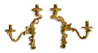 A PAIR OF RÉGENCE GILT BRONZE TWIN BRANCH WALL LIGHTS, AFTER ANDRE CHARLES BOULLE, 18TH CENTURY