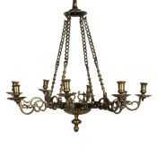 A GEORGE I BRASS EIGHT LIGHT CHANDELIER OF UNUSUAL FORM, EARLY 18TH CENTURY