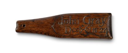 A GEORGE IV OAK KNIFE SHARPENER, DATED 1824