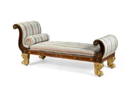 A REGENCY MAHOGANY AND PARCEL GILT UPHOLSTERED DAY BED, IN THE MANNER OF GEORGE BULLOCK, CIRCA 1815