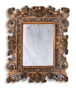 A CARVED GILTWOOD, SILVERED AND PAINTED 'SANSOVINO' FRAMED MIRROR, IN 17TH CENTURY STYLE