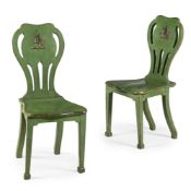 A PAIR OF EARLY GEORGE III GREEN PAINTED HALL CHAIRS, CIRCA 1760