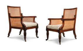 A PAIR OF GEORGE IV MAHOGANY BERGERE ARMCHAIRS, IN THE MANNER OF GILLOWS, CIRCA 1825