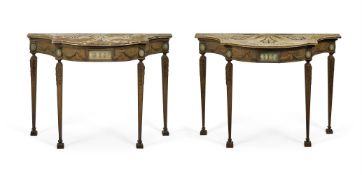 A PAIR OF SCAGLIOLA DECORATED AND PAINTED CONSOLE TABLES