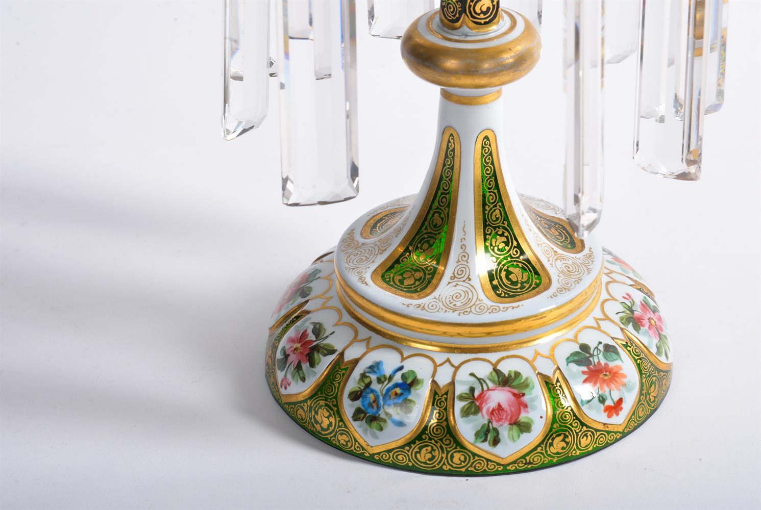 A PAIR OF VICTORIAN BOHEMIAN WHITE OVERLAY AND GILT DECORATED GREEN GLASS LUSTRES, 19TH CENTURY - Image 3 of 4