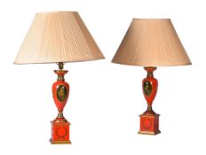 A PAIR OF PAINTED URN LAMPS, LATE 20TH CENTURY