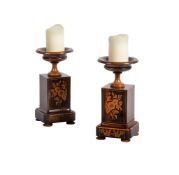 Y A PAIR OF ROSEWOOD INLAID URNS ON STANDS, IN CHARLES X STYLE, MID 19TH CENTURY
