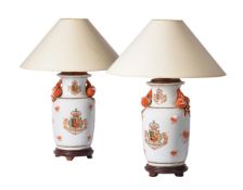 A PAIR OF BALUSTER LAMPS WITH CRESTS, 20TH CENTURY