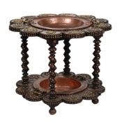A WALNUT, BRASS MOUNTED TWO TIER BRASERO, IN SPANISH STYLE, LATE 19TH OR EARLY 20TH CENTURY