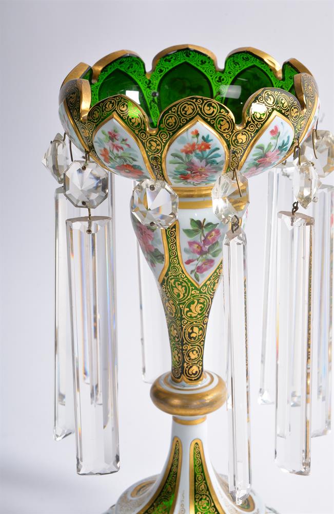 A PAIR OF VICTORIAN BOHEMIAN WHITE OVERLAY AND GILT DECORATED GREEN GLASS LUSTRES, 19TH CENTURY - Image 2 of 4