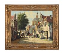 λ PIETER CORNELIS STEENHOUWER (DUTCH 1896-1972), PONY AND TRAPP IN A COBBLED STREET