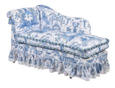 A BLUE AND WHITE UPHOLSTERED CHAISE LONGUE, 20TH CENTURY