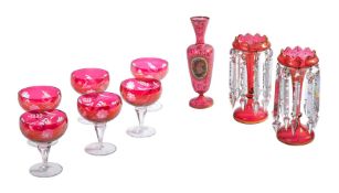 A PAIR OF BOHEMIAN RUBY AND GILT DECORATED TABLE LUSTRES, 19TH CENTURY, AND OTHER BOHEMIAN ITEMS