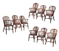 A HARLEQUIN SET OF TEN YEW WOOD AND ELM WINDSOR CHAIRS, FIRST HALF 19TH CENTURY