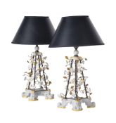 A PAIR OF TRIANGULAR WROUGHT IRON LAMPS WITH PORCELAIN FLOWERS, CONTEMPORARY