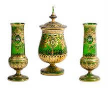 A GARNITURE OF BOHEMIAN GREEN AND GILT DECORATED GLASS, MID 19TH CENTURY