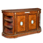 A VICTORIAN BURR WALNUT AND GILT METAL MOUNTED SIDE CABINET OR CREDENZA, CIRCA 1870