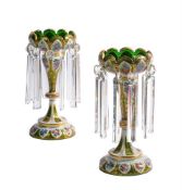 A PAIR OF VICTORIAN BOHEMIAN WHITE OVERLAY AND GILT DECORATED GREEN GLASS LUSTRES, 19TH CENTURY