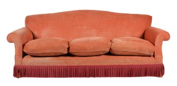 A LARGE PINK UPHOLSTERED SOFA IN EDWARDIAN STYLE, LATE 20TH CENTURY