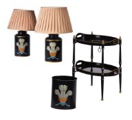 A COLLECTION OF BLACK AND GOLD PAINTED TOLEWARE, OF RECENT MANUFACTURE