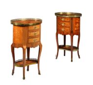Y A MATCHED PAIR OF KINGWOOD, MARQUETRY, AND GILT METAL MOUNTED GUERIDONS, IN LOUIS XVI STYLE