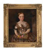 BRITISH SCHOOL (19TH CENTURY), THREE QUARTER LENGTH PORTRAIT OF A GIRL WITH A BASKET OF FLOWERS