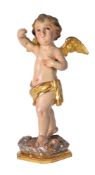 A POLYCHROME DECORATED CARVED WOODEN FIGURE OF A CHERUB, IN IBERIAN TASTE, CIRCA 1900 AND LATER
