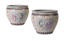 A MATCHED PAIR OF LARGE CHINESE FISH BOWLS OR JARDINIERES, 20TH CENTURY