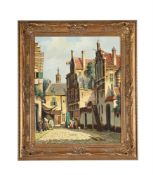 λ PIETER CORNELIS STEENHOUWER (DUTCH 1896-1972), A COBBLED STREET WITH A WOMAN AT A PUMP