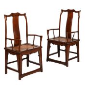 A PAIR OF CHINESE ELM OFFICIALS HAT CHAIRS, 20TH CENTURY