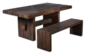 A RECLAIMED PINE 'EMMERSON' DINING TABLE WITH BENCH, BY WEST ELM, MODERN