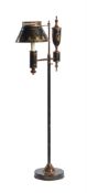 A BLACK AND GOLD TOLEWARE ADJUSTABLE FLOOR STANDING LAMP, 20TH CENTURY