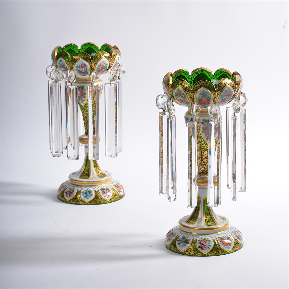 A PAIR OF VICTORIAN BOHEMIAN WHITE OVERLAY AND GILT DECORATED GREEN GLASS LUSTRES, 19TH CENTURY - Image 4 of 4