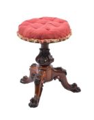 A MAHOGANY ADJUSTABLE PIANO STOOL WITH RED UPHOLSTERY, MID 19TH CENTURY