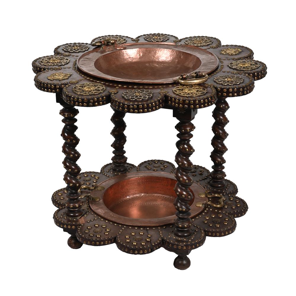 A WALNUT, BRASS MOUNTED TWO TIER BRASERO, IN SPANISH STYLE, LATE 19TH OR EARLY 20TH CENTURY - Image 2 of 3