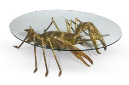 A GILT METAL TABLE WITH LAMP MODELLED AS A LOBSTER; SECOND HALF 20TH CENTURY