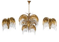 MAISON JANSEN, (FRENCH), ATTRIBUTED; A CHANDELIER AND A PAIR WALL LIGHTS, CIRCA 1940