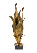 ATTRIBUTED TO JACQUES DUVAL-BRASSEUR; A GILT METAL LOTUS LAMP; SECOND HALF 20TH CENTURY