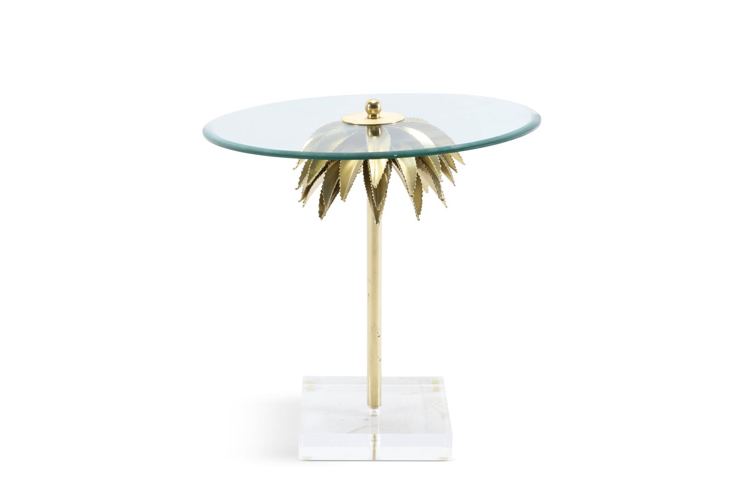 A GILT METAL, GLASS AND PESRPEX CIRCULAR TABLE, LATE 20TH CENTURY