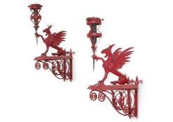 A PAIR OF RED PAINTED DRAGON GAS LIGHTS, SECOND HALF 19TH CENTURY