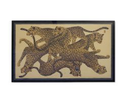 A LARGE FRAMED PRINTED SILK WALL HANGING OF PANTHERS , YVES ST LAURENT, CIRCA 1975