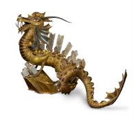 A MONUMENTAL GILT METAL AND ROCK CRYSTAL 'MYTHICAL CHINESE DRAGON' FLOOR STANDING LIGHT